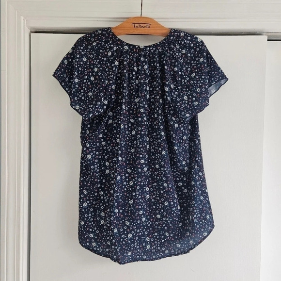 Boho Navy Floral V Neck Short Sleeve Medium Blouse - Picture 4 of 11